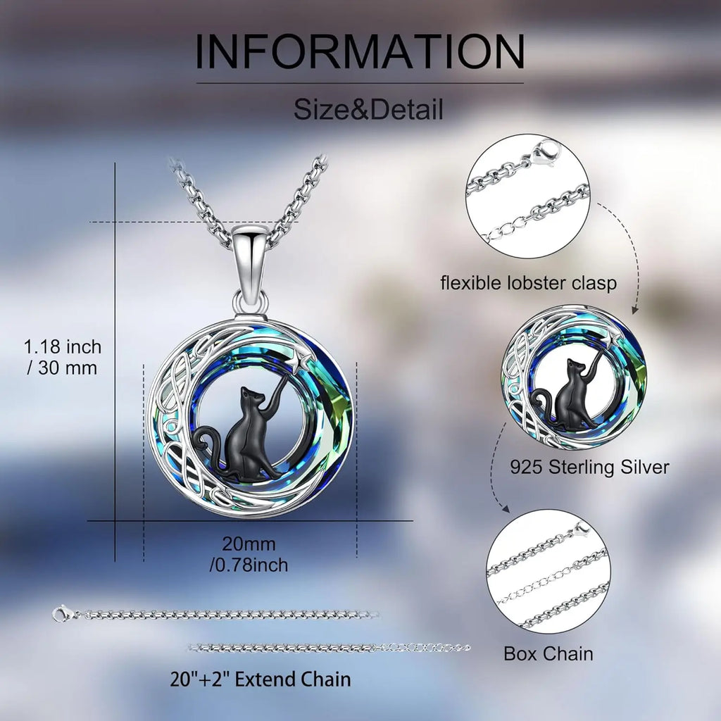 Black Cat Necklace 925 Sterling Silver Crystal Cat Moon Star Pendant Celtic Jewelry Gifts for Women Graduation Birthday Holiday