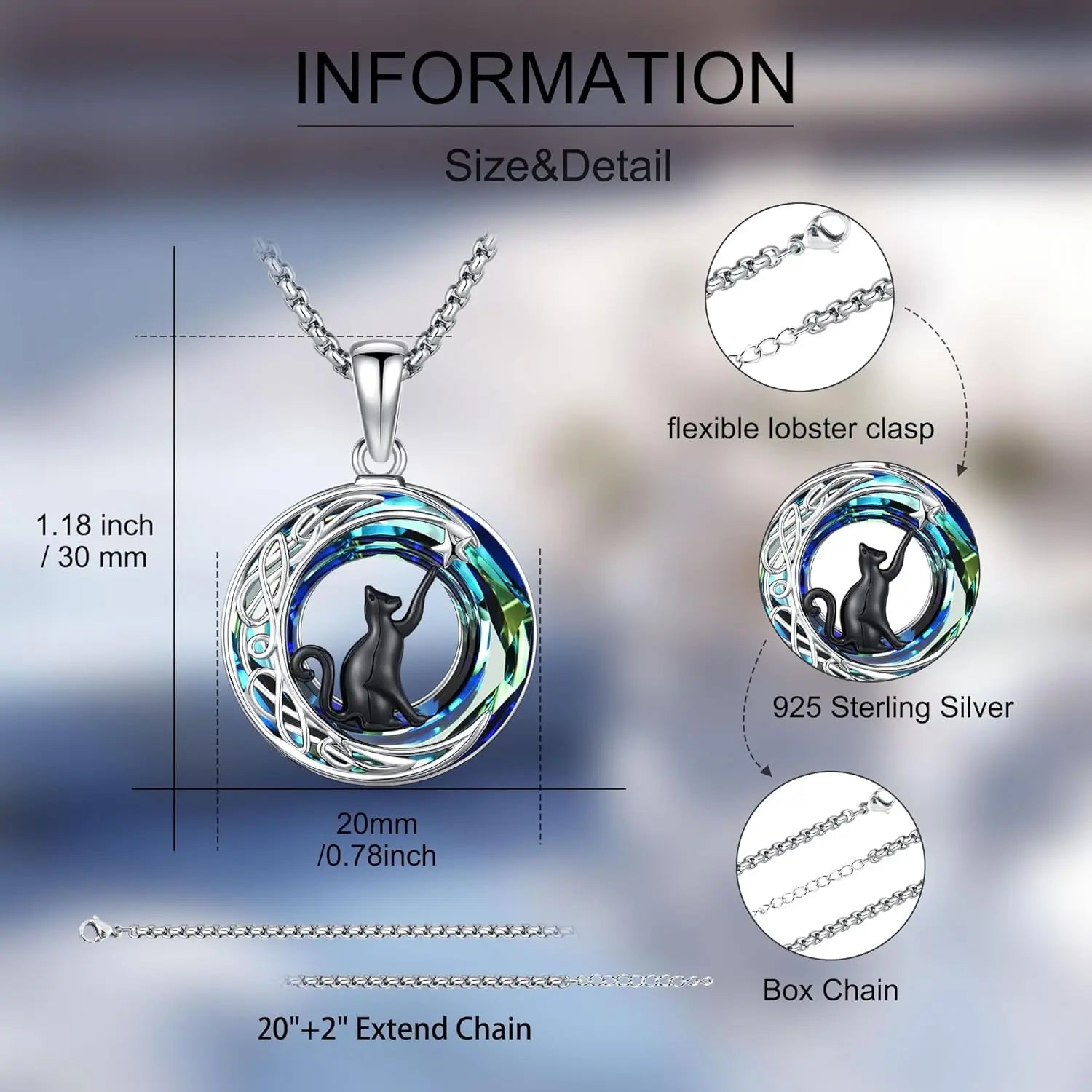 Black Cat Necklace 925 Sterling Silver Crystal Cat Moon Star Pendant Celtic Jewelry Gifts for Women Graduation Birthday Holiday