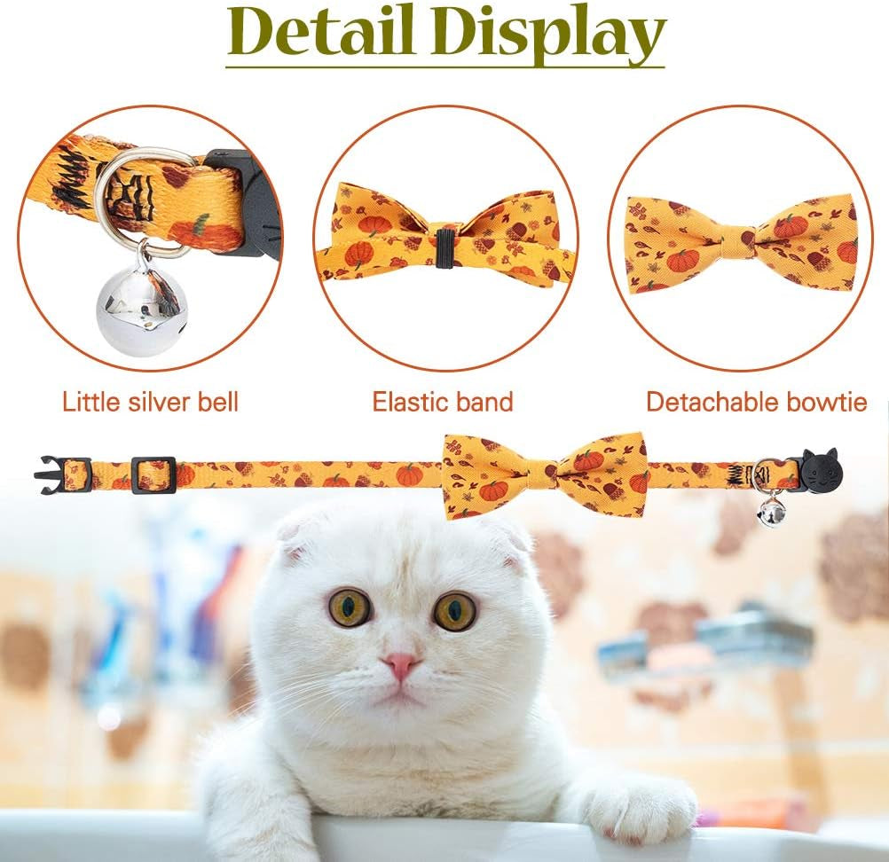 Thanksgiving Cat Collar Bowtie - 2 Pack Cute Floral Fall Pattern Pet Breakaway Collars with Clear Bell for Cats Puppies Kittens, Maple Leaves & Pumpkin, Summer and Autumn