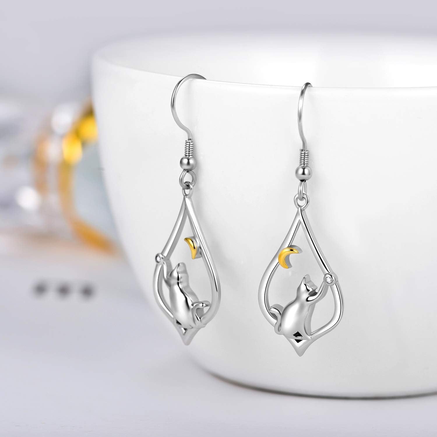 Cat Earrings for Women Sterling Silver Cat Moon Dangle Drop Hooks Earrings Animal Cat Jewelry Pet Gifts for Cat Lovers Mom Birthday