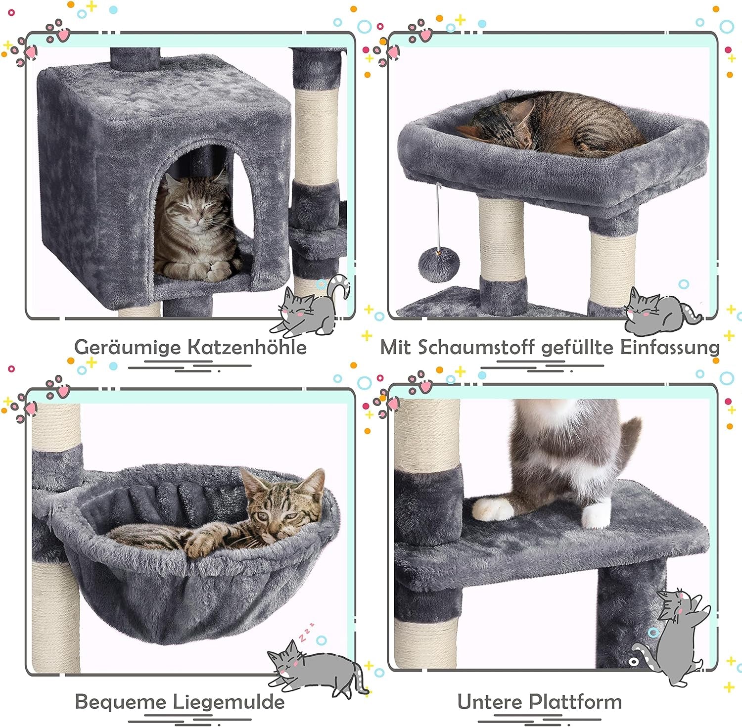 Cat Tree, 38In Cat Tower Condo with Large Padded Perch, Scratching Posts for Indoor Kitten, Furniture, Dark Gray
