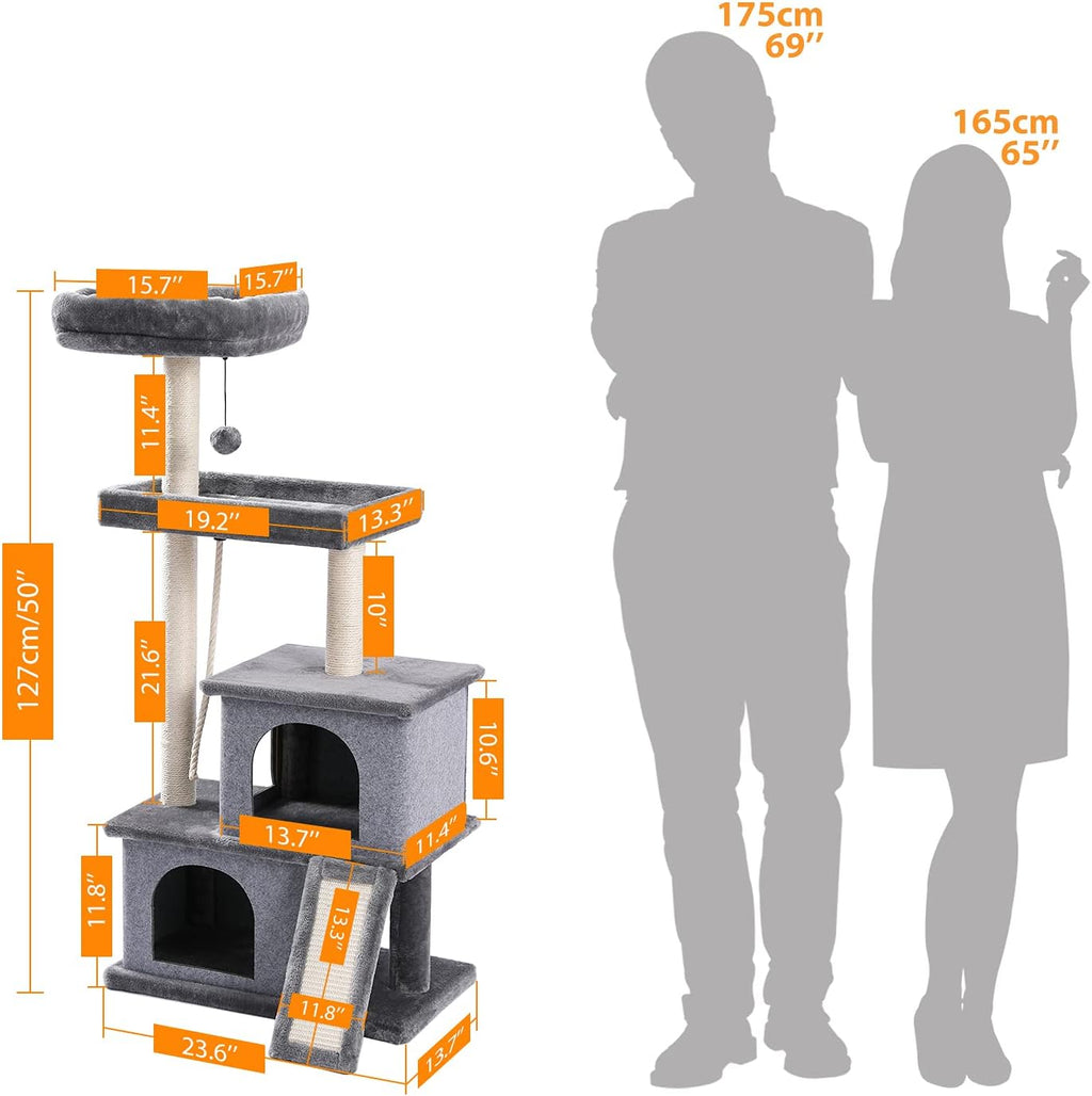 Cat Tree Multilevel and Luxury Cat Towers 50 Inches with 2 Condos, Spacious Perches, Scratching Post, Dangling Balls and Ramp-Gray