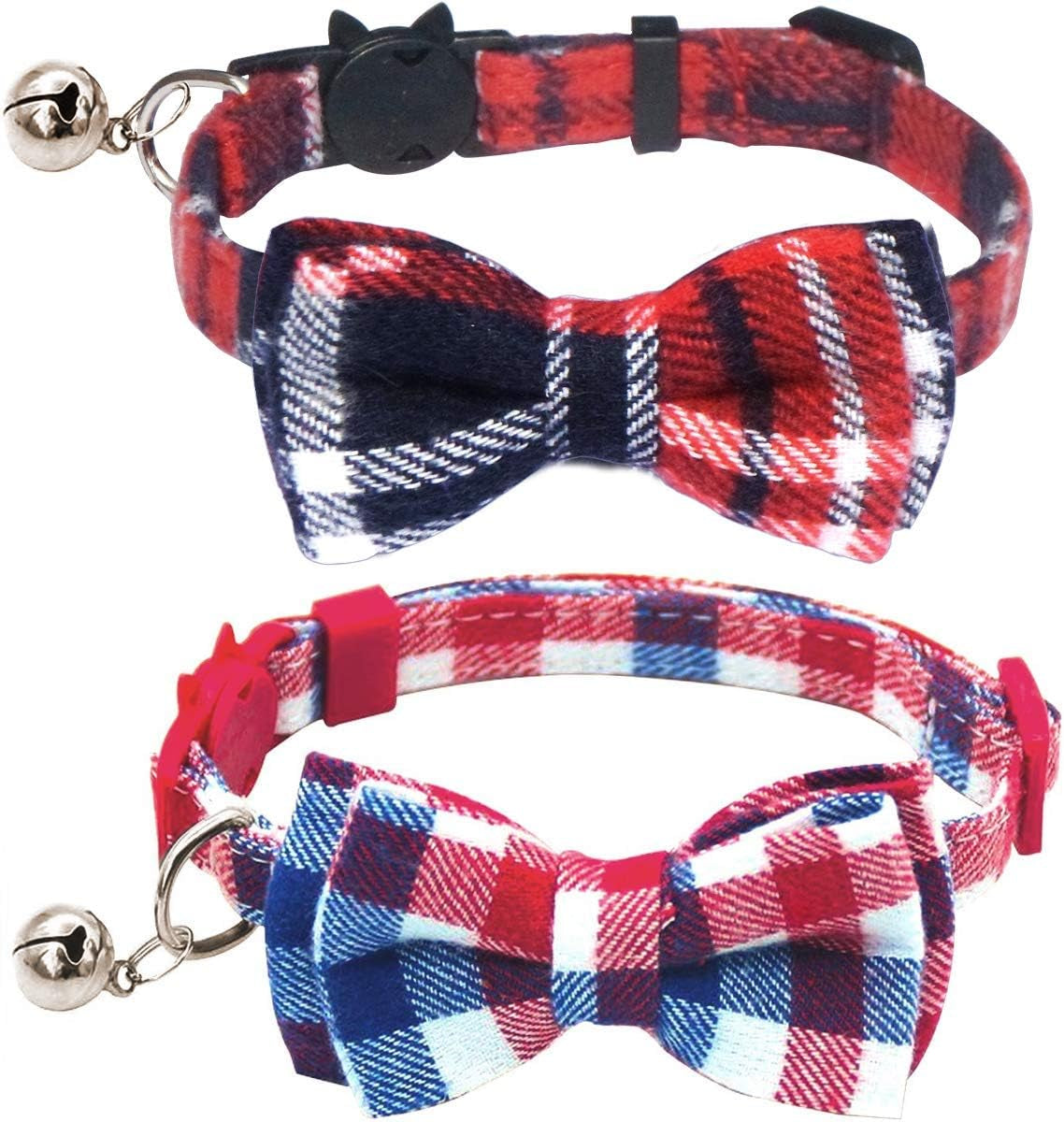 2 Pack/Set Cat Collar Breakaway with Cute Bow Tie and Bell for Kitty and Some Puppies, Adjustable from 7.8-10.5 Inch