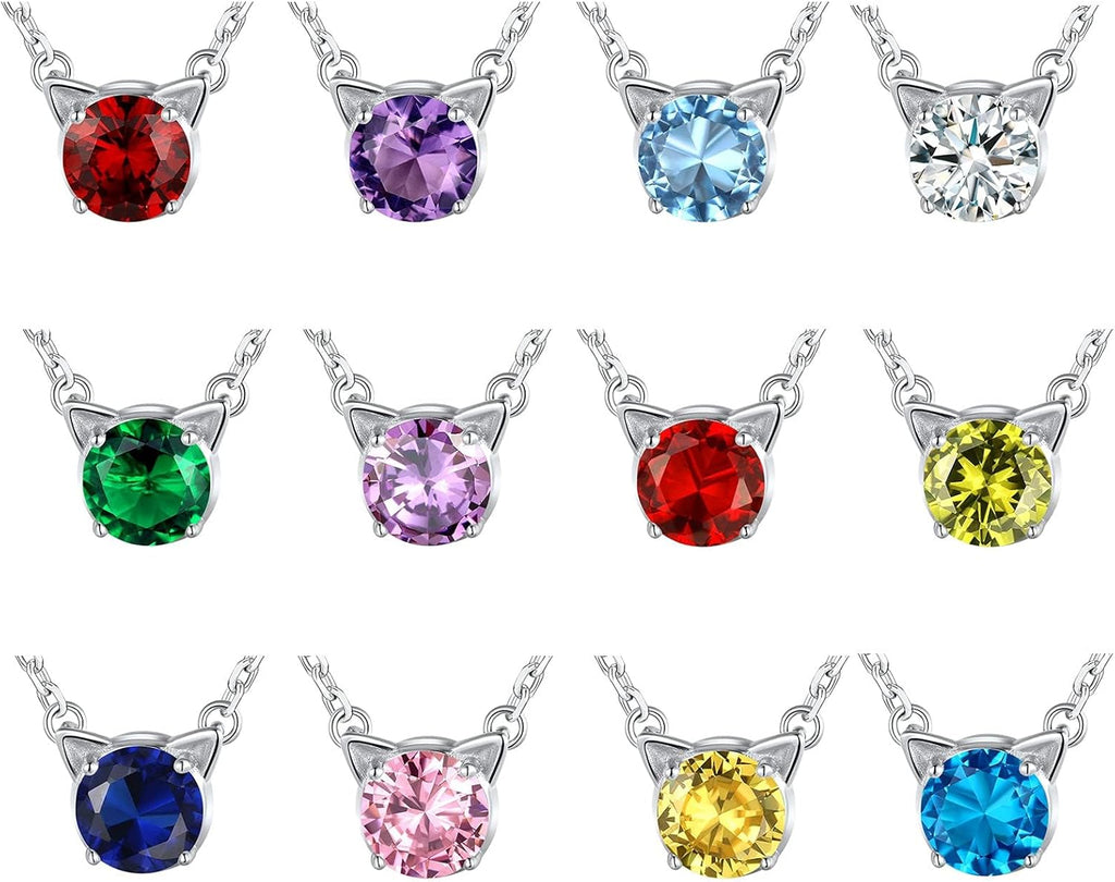 Sterling Silver Birthstone Necklace for Women,Dainty Silver Pendant Necklace with round Cubic Zirconia,16"-18"