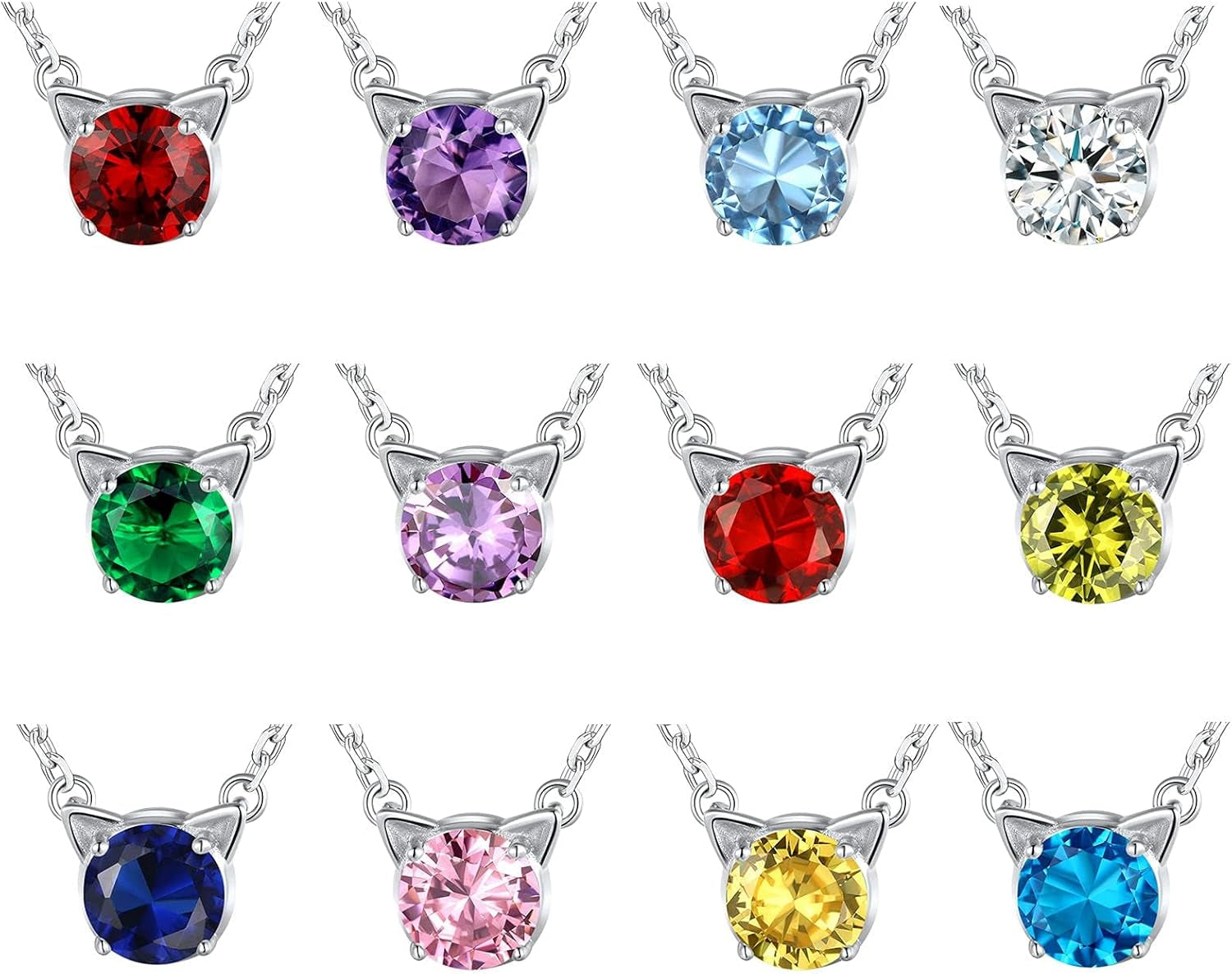 Sterling Silver Birthstone Necklace for Women,Dainty Silver Pendant Necklace with round Cubic Zirconia,16"-18"