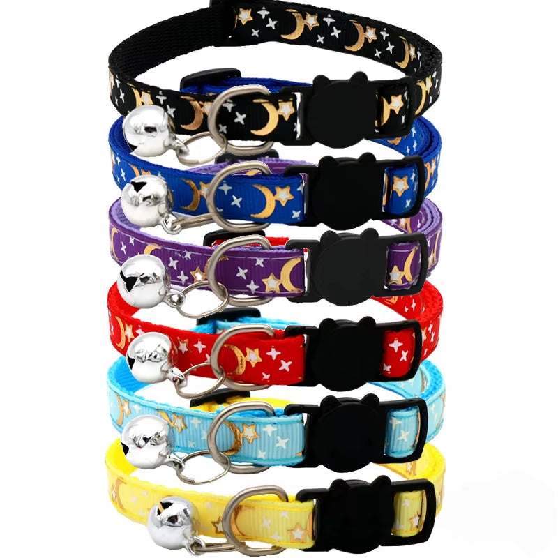 Cat Collar with Bell Cartoon Star Moon Dog Puppy Cat Kitten Collar Adjustable Safety Bell Ring Necklace Cat Jewelry