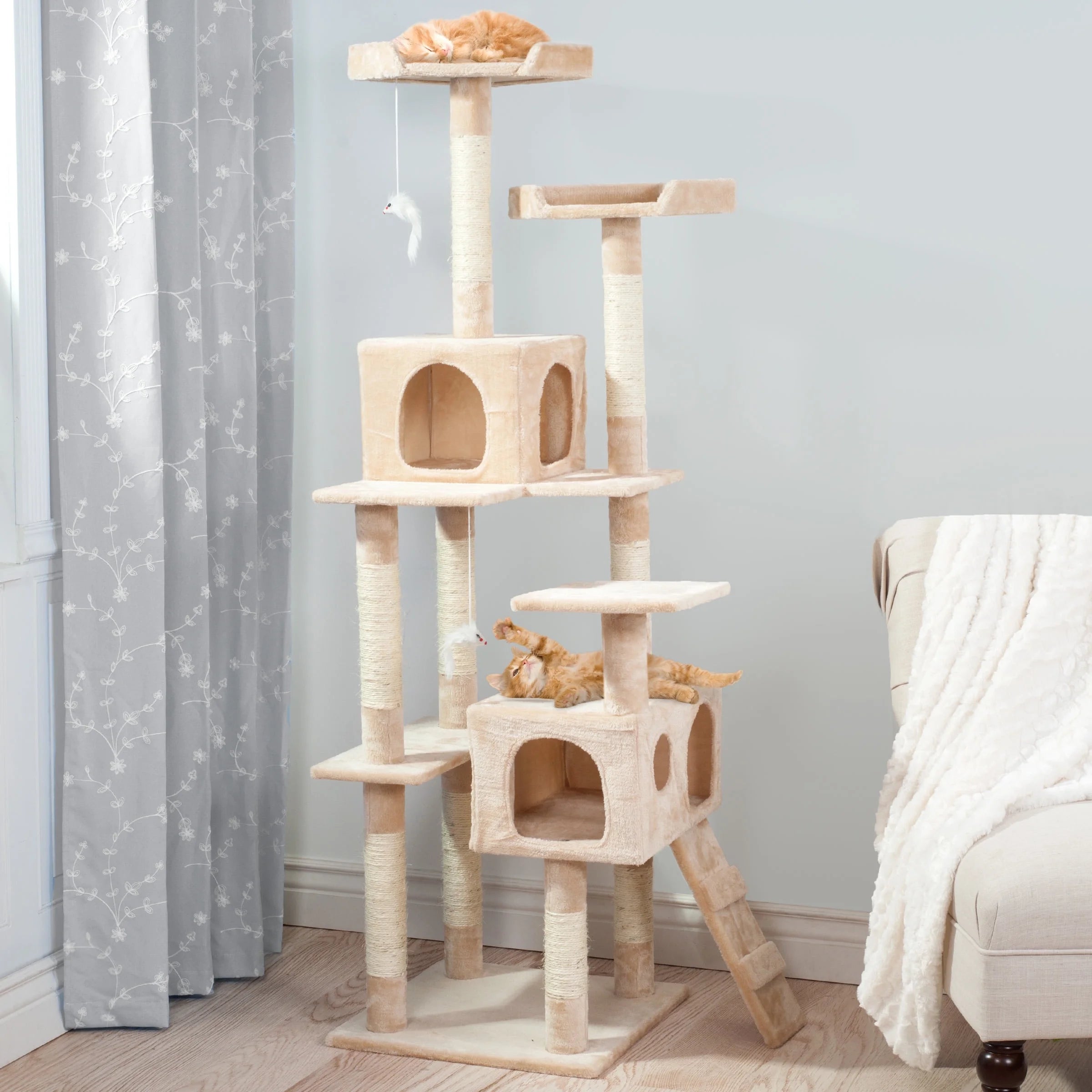 Cat Tree with Perches, Condos, Scratch Posts, and Toys (Beige)