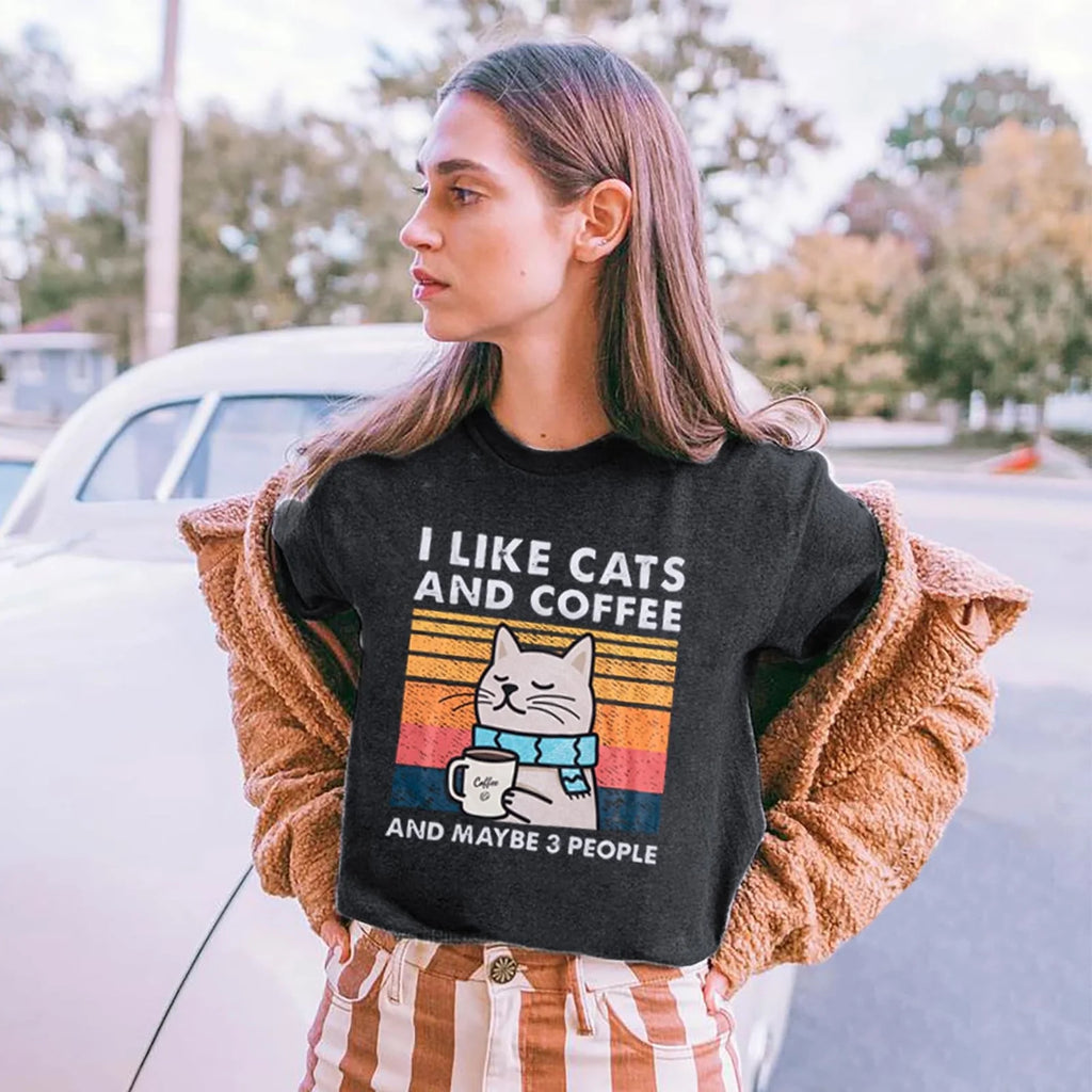 Cat Shirt I like Cats and Coffee and Maybe 3 People Graphic T-Shirt Vintage Cat Lover Shirts Retro Coffee Lover Gift Tee Tops