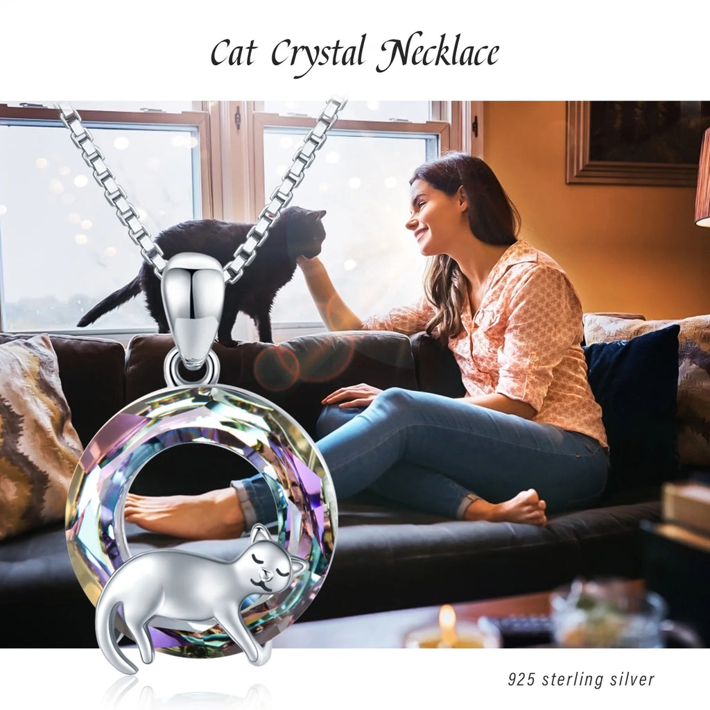 Cat Crystal Necklace 925 Sterling Silver Cute Animal Pendant Necklace with Crystal Cat Jewelry Gifts Gifts for Women Cat Lovers