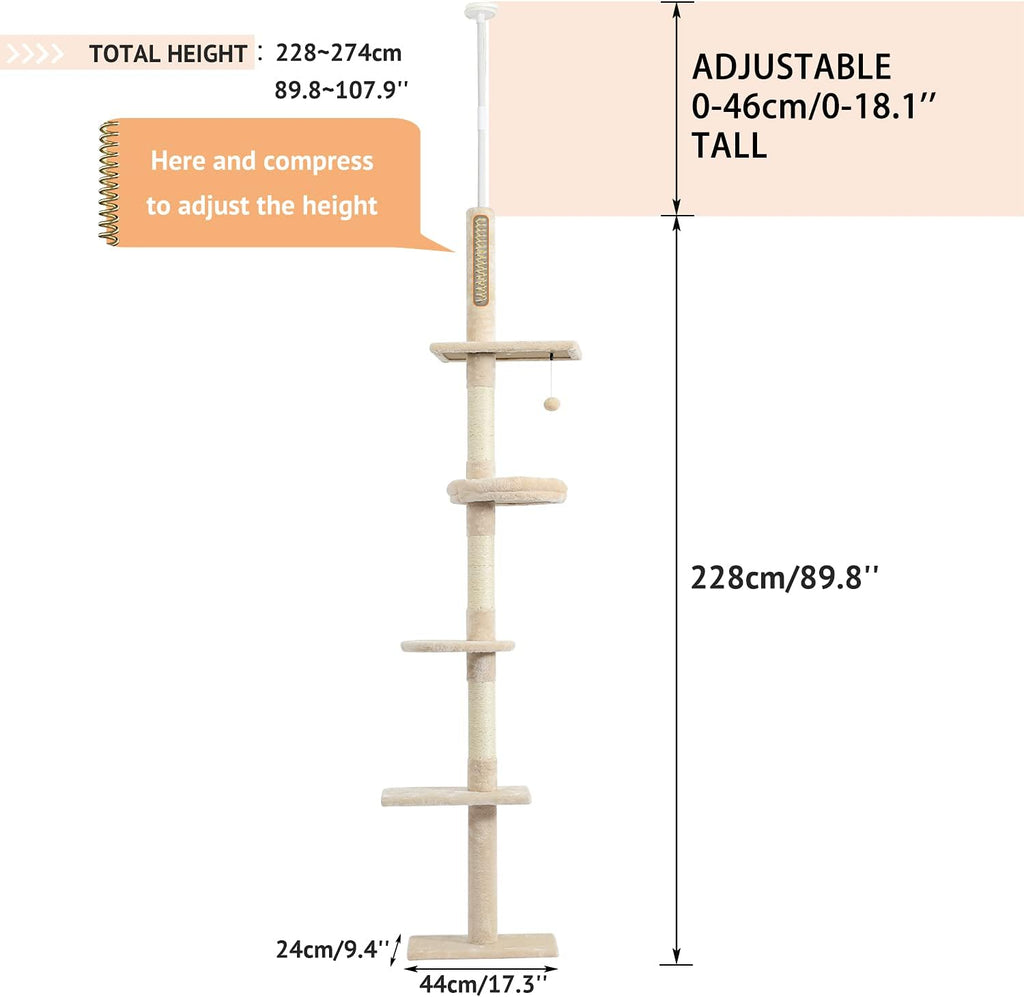 5-Tier Beige Cat Tree, 95-107 Inches, Scratching Post, Climbing Activity Structure for Indoor Cats