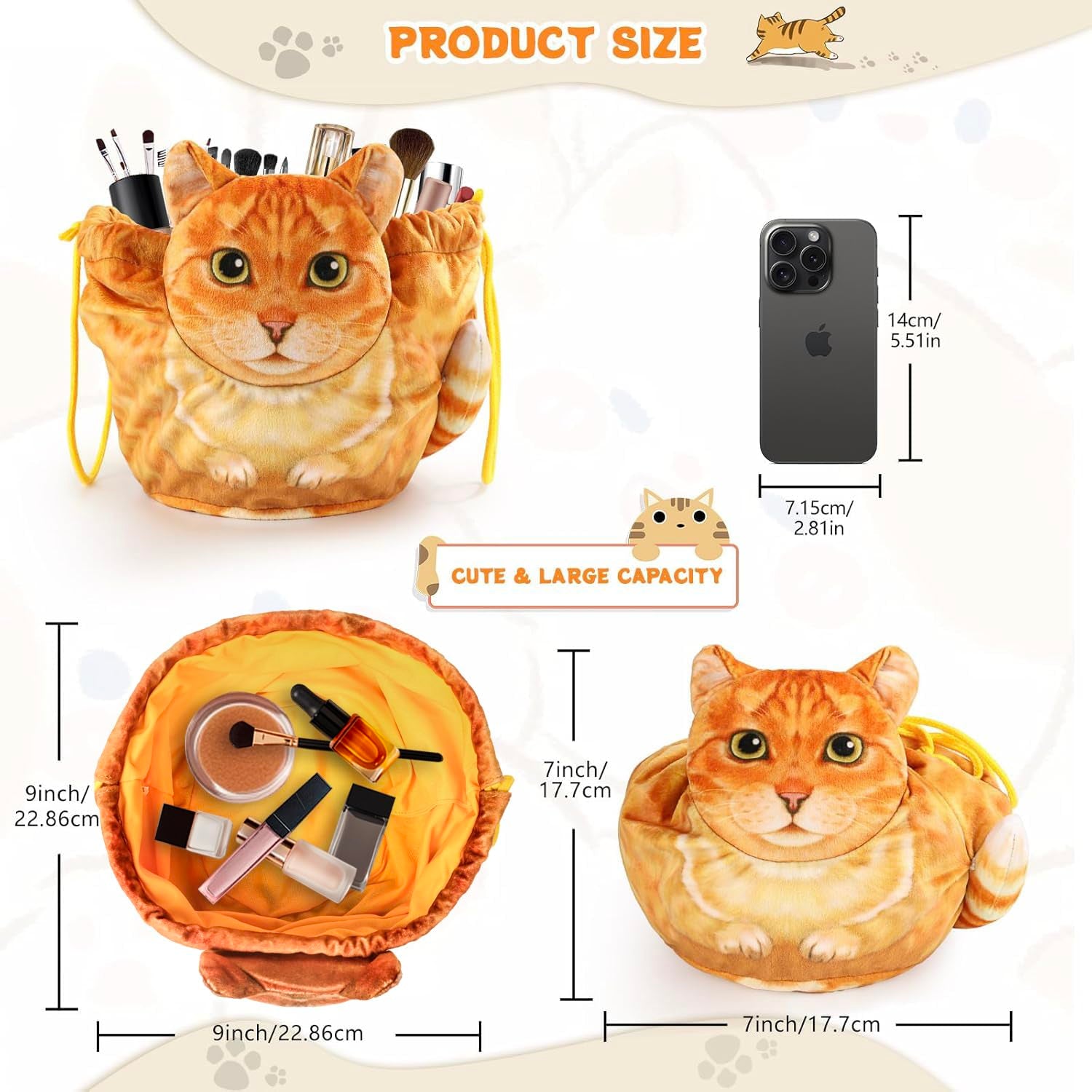 Drawstring Makeup Bag - Travel Organizer, Cosmetic Pouch, Cat Gift for Women, Lay Flat Bag for Cat Lovers