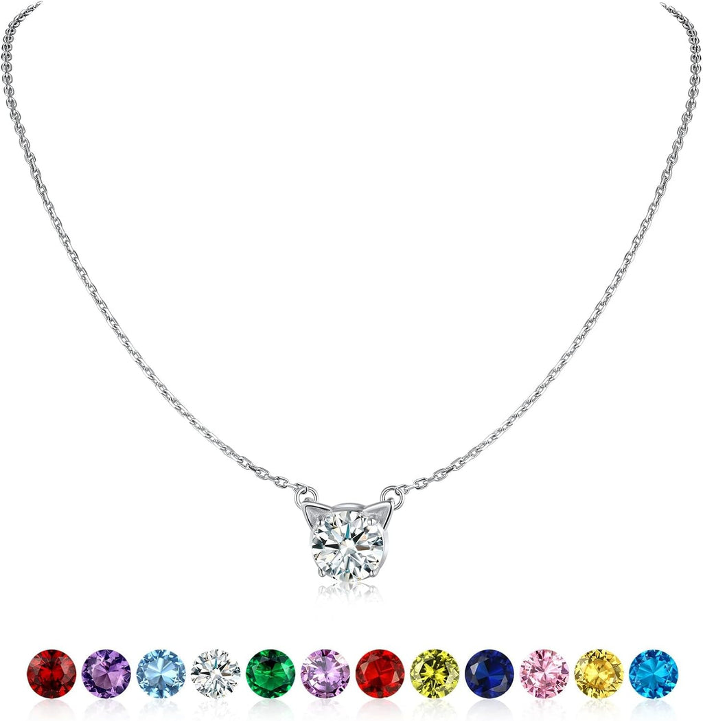 Sterling Silver Birthstone Necklace for Women,Dainty Silver Pendant Necklace with round Cubic Zirconia,16"-18"