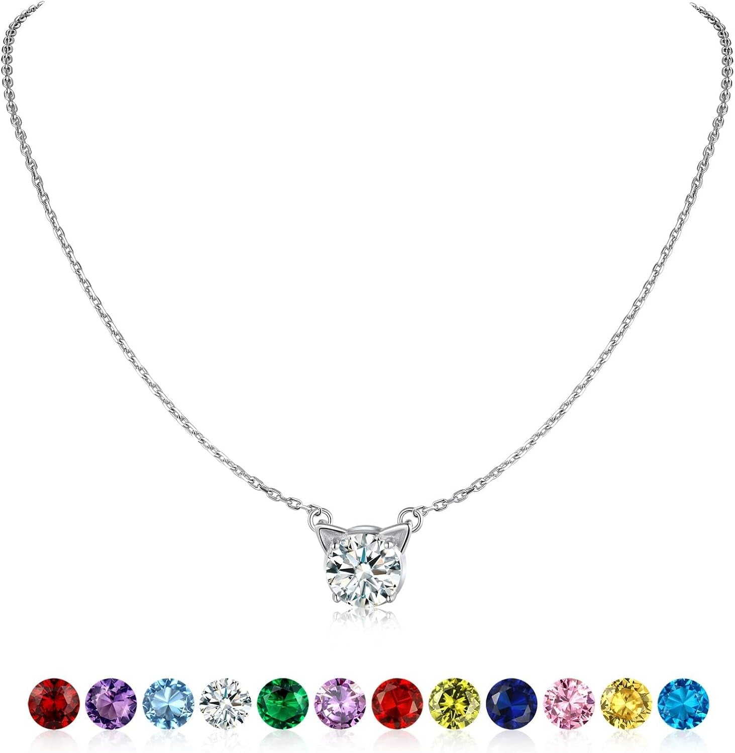 Sterling Silver Birthstone Necklace for Women,Dainty Silver Pendant Necklace with round Cubic Zirconia,16"-18"