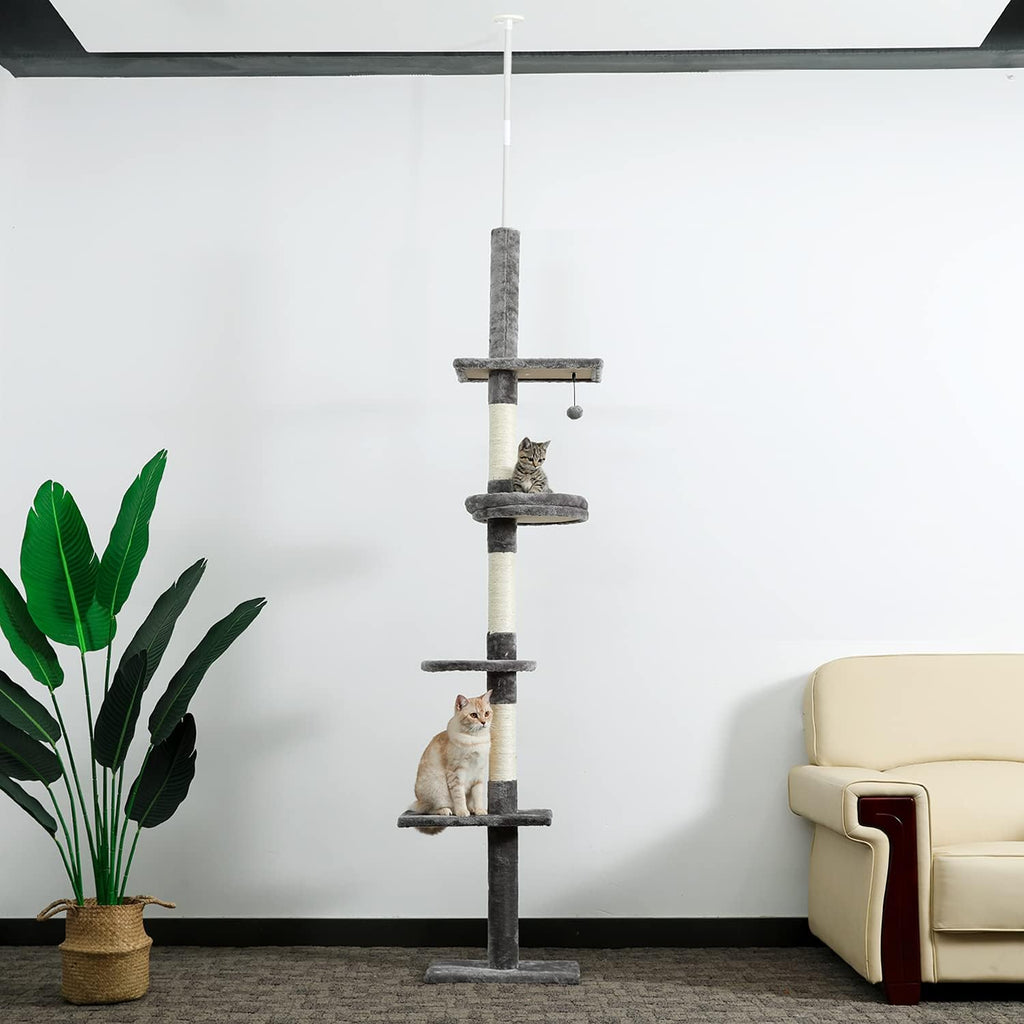 Cat Tower 5-Tier Floor to Ceiling Cat Tree Height Adjustable(95-107 Inches), Tall Cat Climbing Tree Featuring with Scratching Post, Cozy Bed,Interactive Ball Toy for Indoor Cats/Kitten(Grey