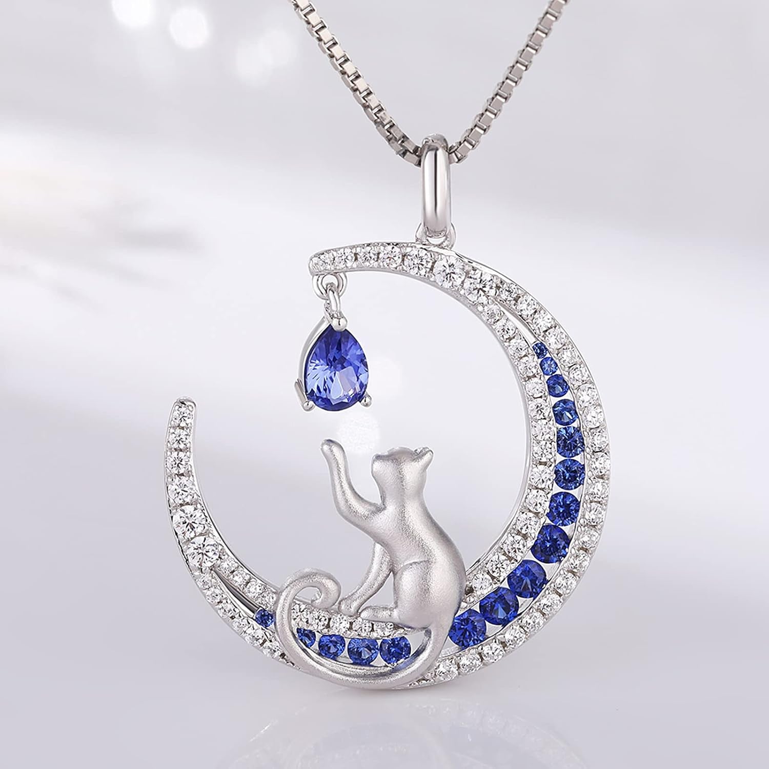 Lovely Cat Necklace for Women - Sterling Silver Cat Pendant with Cubic Zirconia