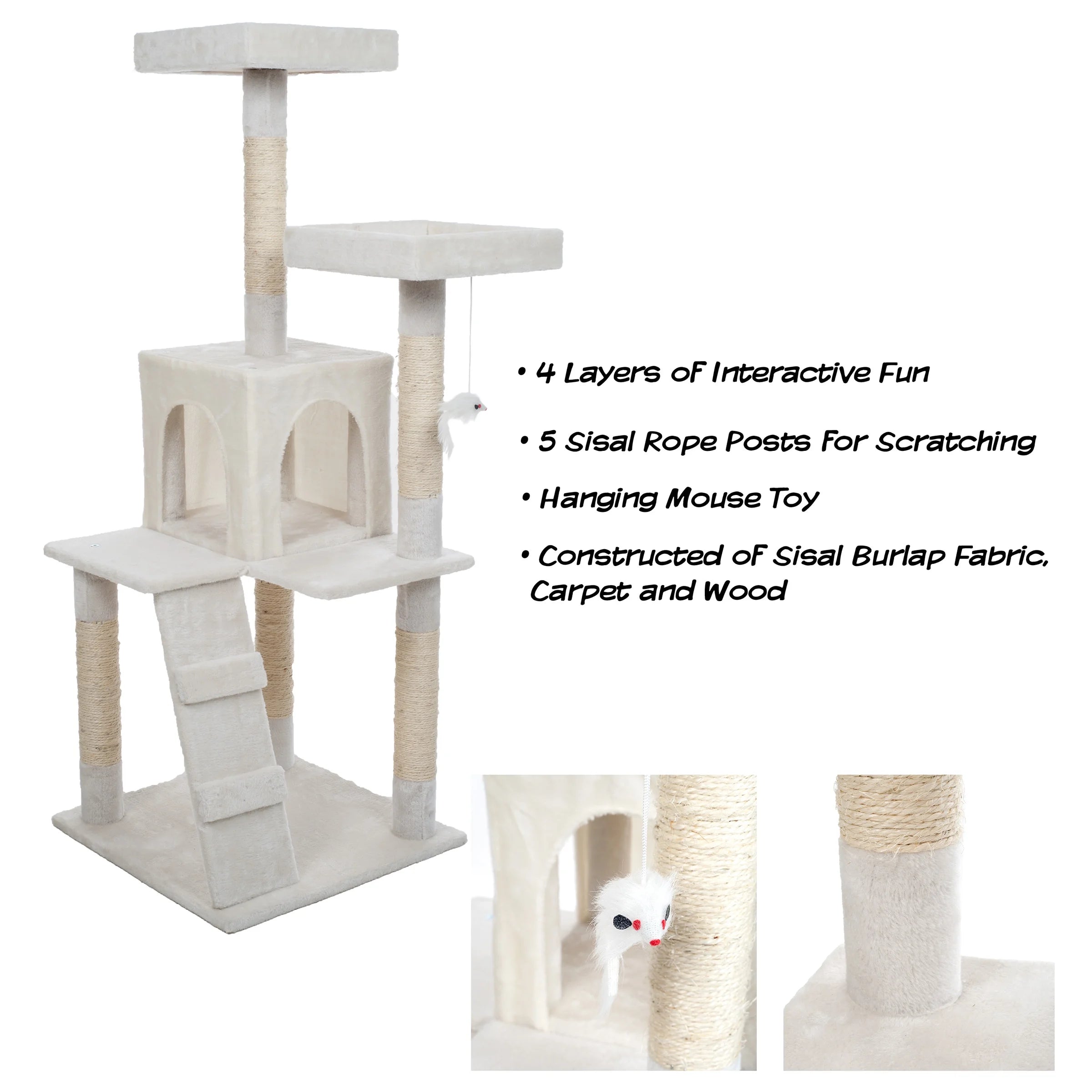 PETMAKER Cat Tree with 2 Perches, Condo, 5 Scratch Posts, and Toy (White)