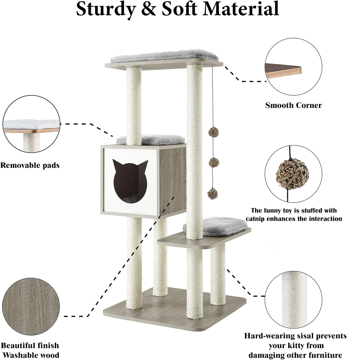 Elegant Wooden Modern Cat Tree Cat Condo Multi-Level Towers Cat Activity Tower with Scratching Posts, with Removable and Washable Mats (Grey High Tower)