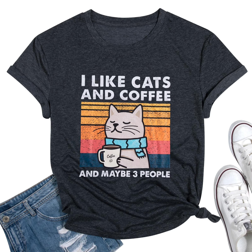 Cat Shirt I like Cats and Coffee and Maybe 3 People Graphic T-Shirt Vintage Cat Lover Shirts Retro Coffee Lover Gift Tee Tops