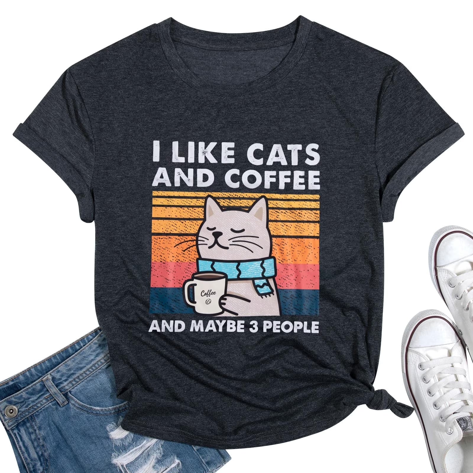 Cat Shirt I like Cats and Coffee and Maybe 3 People Graphic T-Shirt Vintage Cat Lover Shirts Retro Coffee Lover Gift Tee Tops
