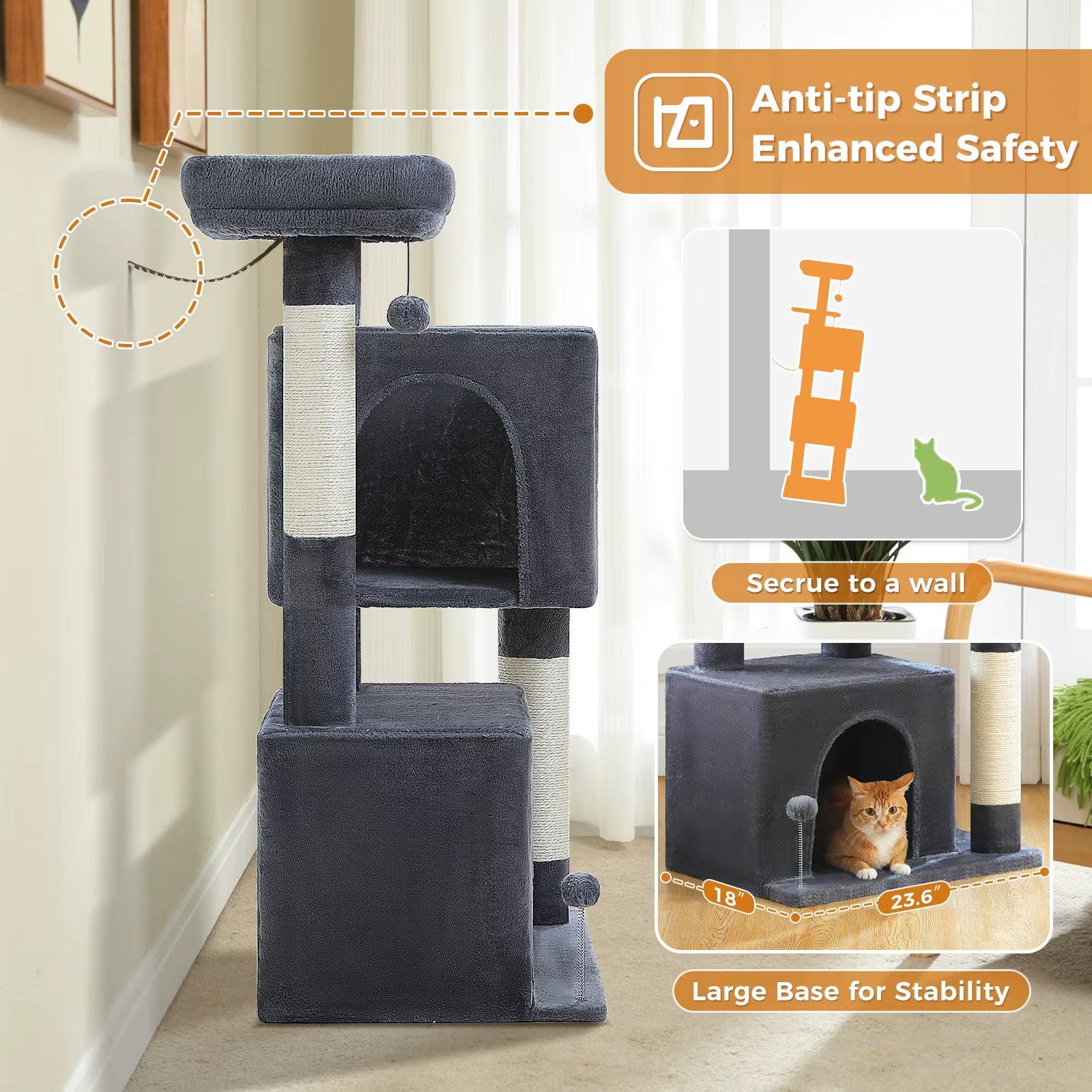 110CM Cat Tree with Scratching Post Interactive Ball Spacious Caves Multi-Level Cat Tower Large Cat Condos for Indoor Cat Toys