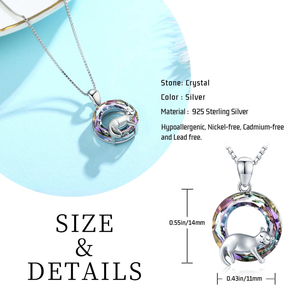 Cat Crystal Necklace 925 Sterling Silver Cute Animal Pendant Necklace with Crystal Cat Jewelry Gifts Gifts for Women Cat Lovers