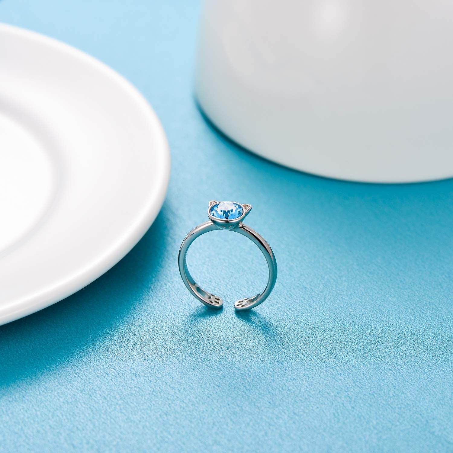 925 Sterling Silver Cat Ring Cute Kitty Animal Ring for Animal Lovers Women Teen Girls Mom, Made with Austrian Crystal