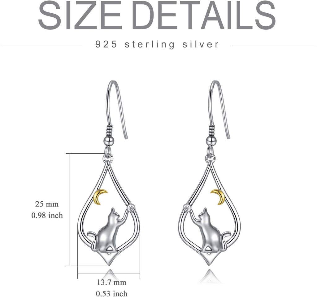 Cat Earrings for Women Sterling Silver Cat Moon Dangle Drop Hooks Earrings Animal Cat Jewelry Pet Gifts for Cat Lovers Mom Birthday