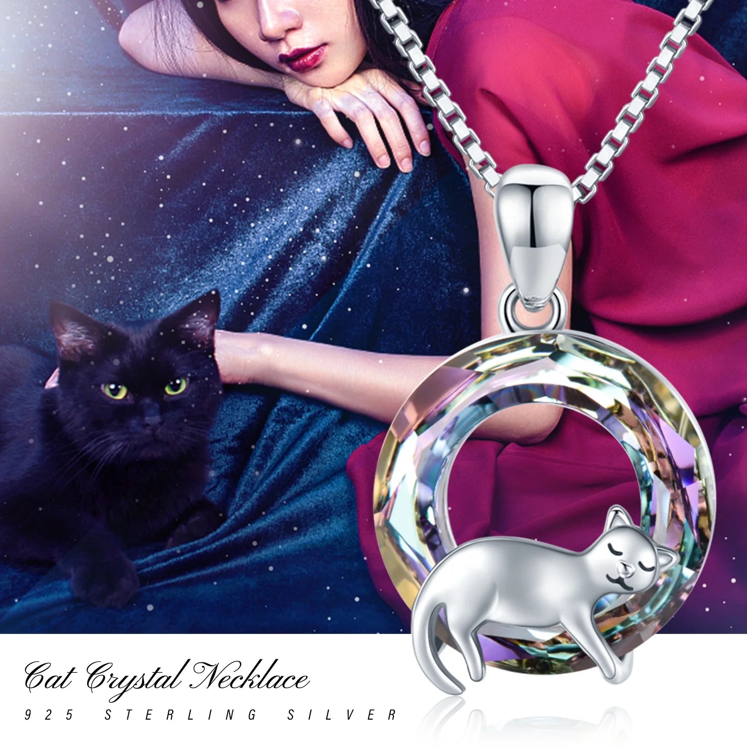 Cat Crystal Necklace 925 Sterling Silver Cute Animal Pendant Necklace with Crystal Cat Jewelry Gifts Gifts for Women Cat Lovers