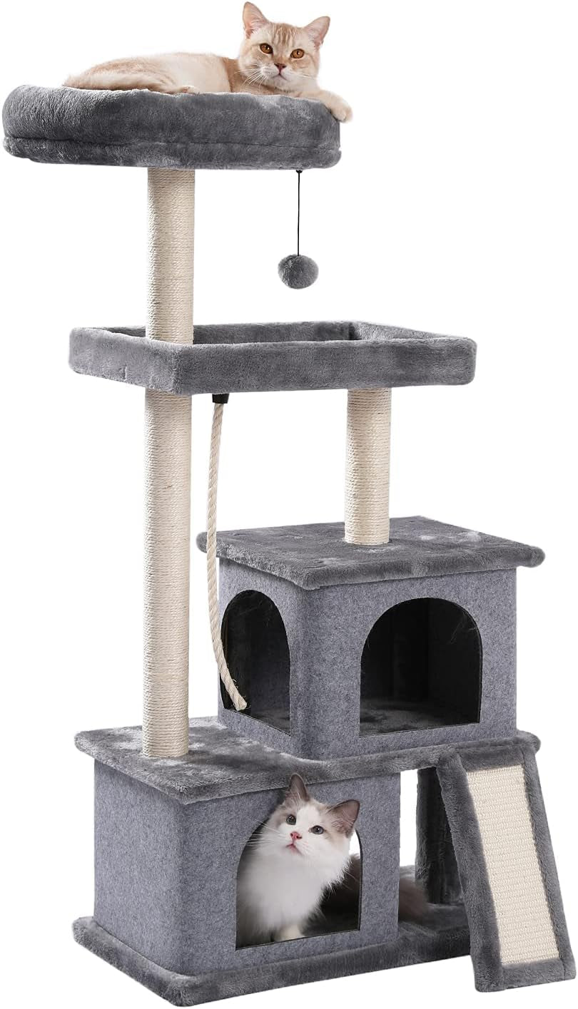 Cat Tree Multilevel and Luxury Cat Towers 50 Inches with 2 Condos, Spacious Perches, Scratching Post, Dangling Balls and Ramp-Gray