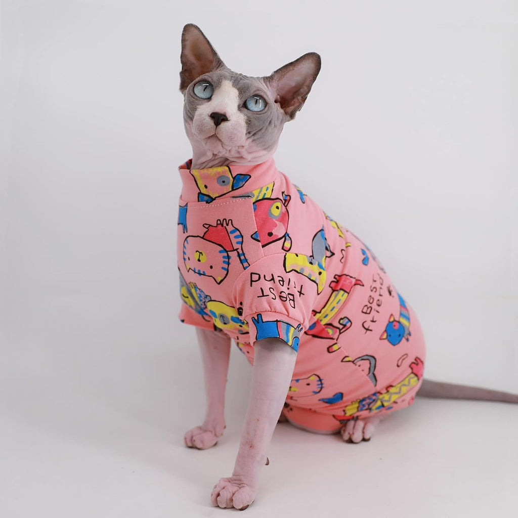Sphynx Hairless Cat Cute Summer Cotton T-Shirts Pet Clothes,Round Collar Kitten Shirts Cats Apparel (Pink Cat, Medium (Pack of 1))