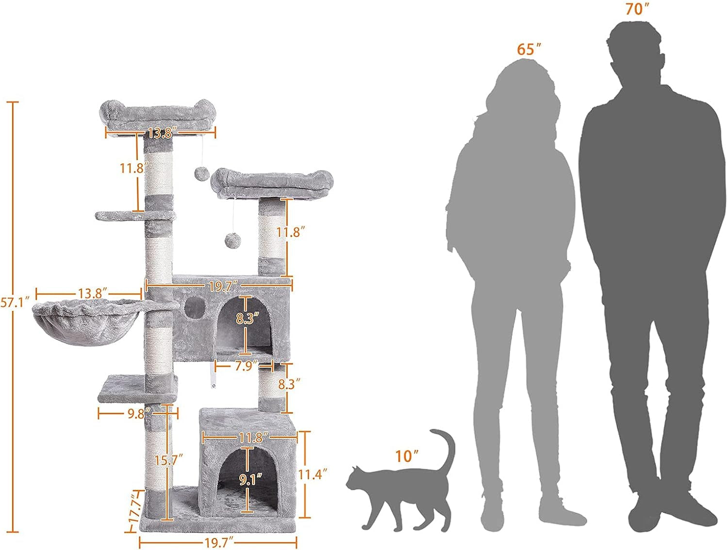 Cat Tree, 57 Inch Cat Tower with 2 Plush Condos and Sisal Scratching Post, Cat Furniture for Kitten and Pet, Release the Nature of Cat, Stable House with Anti-Toppling Kit, Light Gray LG05MCT03