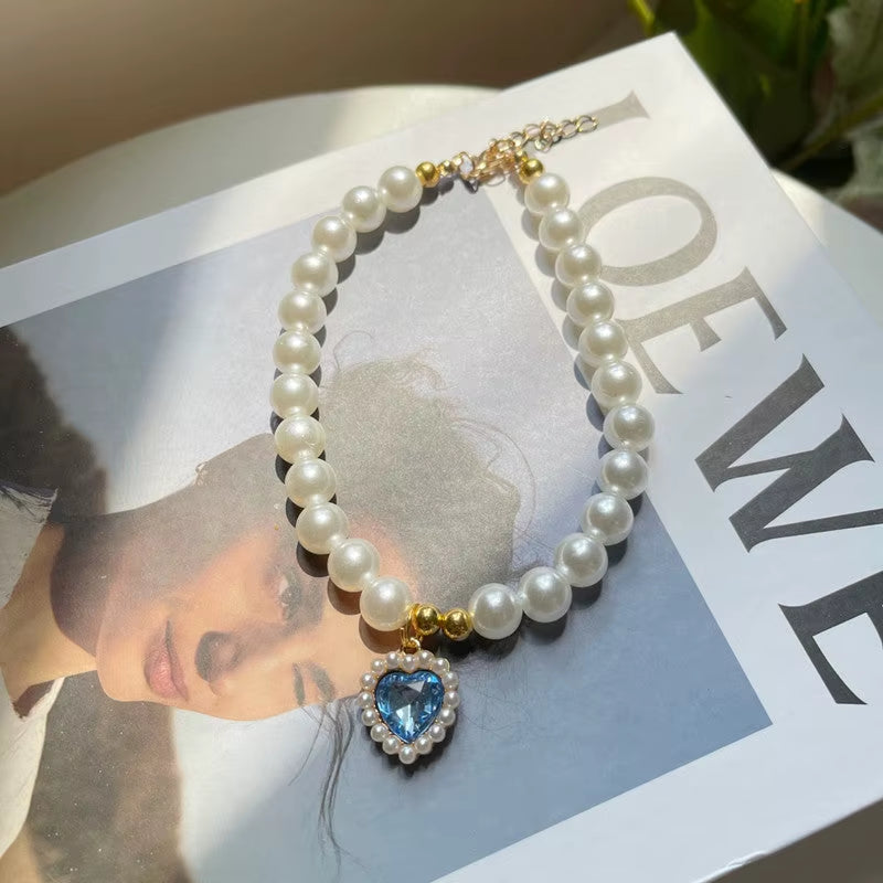 TONG Luxury Pearl Pet Collar Pet Cat Dog Collar Love Pendant Pet Supplies Love Crystal Collar Kitten Collar Cat Necklace