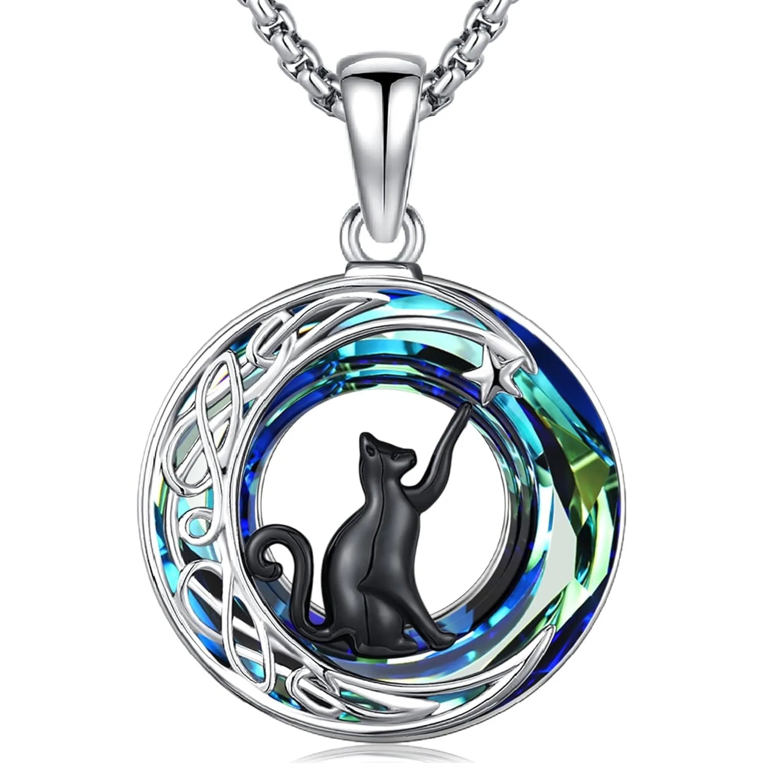 Black Cat Necklace 925 Sterling Silver Crystal Cat Moon Star Pendant Celtic Jewelry Gifts for Women Graduation Birthday Holiday