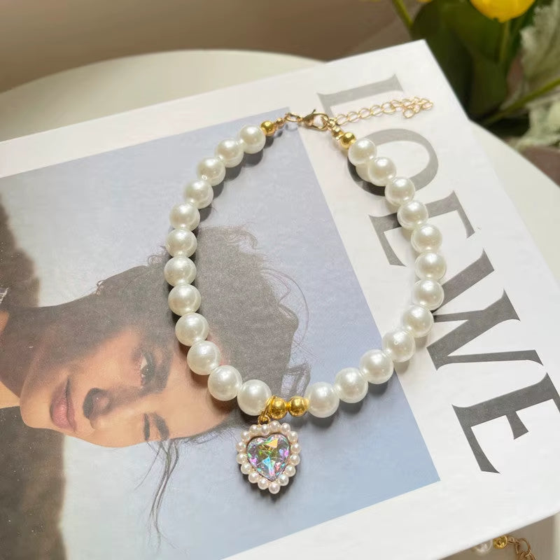 TONG Luxury Pearl Pet Collar Pet Cat Dog Collar Love Pendant Pet Supplies Love Crystal Collar Kitten Collar Cat Necklace