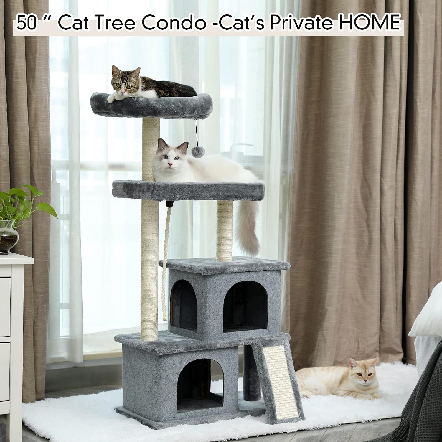 Cat Tree Multilevel and Luxury Cat Towers 50 Inches with 2 Condos, Spacious Perches, Scratching Post, Dangling Balls and Ramp-Gray