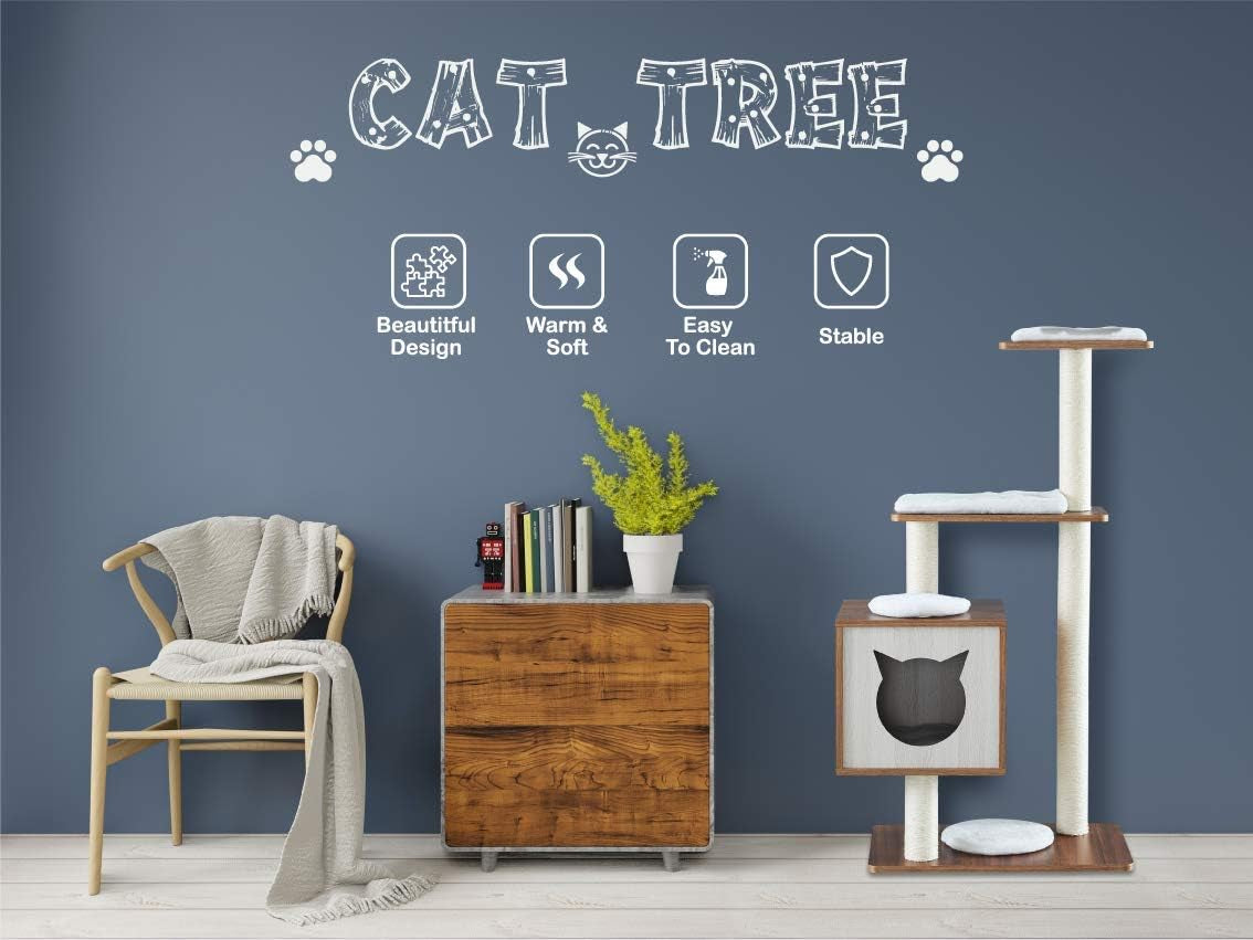 Elegant Wooden Modern Cat Tree Cat Condo Multi-Level Towers Cat Activity Tower with Scratching Posts, with Removable and Washable Mats (Base Tower)