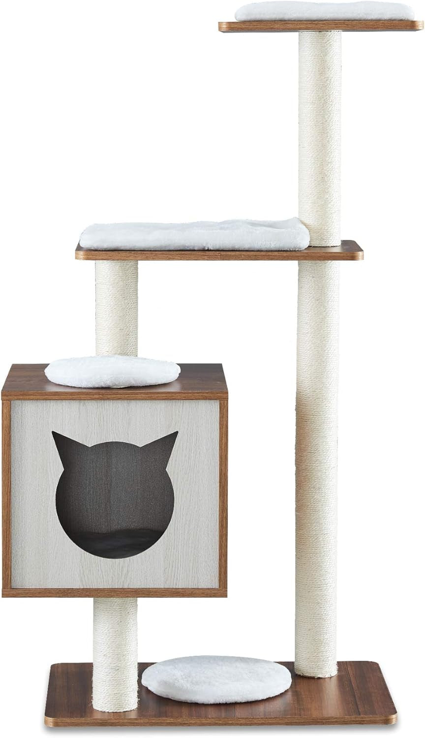 Elegant Wooden Modern Cat Tree Cat Condo Multi-Level Towers Cat Activity Tower with Scratching Posts, with Removable and Washable Mats (Base Tower)