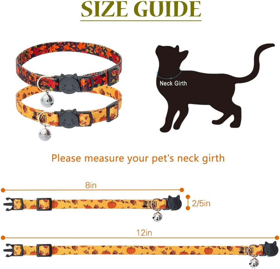 Thanksgiving Cat Collar Bowtie - 2 Pack Cute Floral Fall Pattern Pet Breakaway Collars with Clear Bell for Cats Puppies Kittens, Maple Leaves & Pumpkin, Summer and Autumn