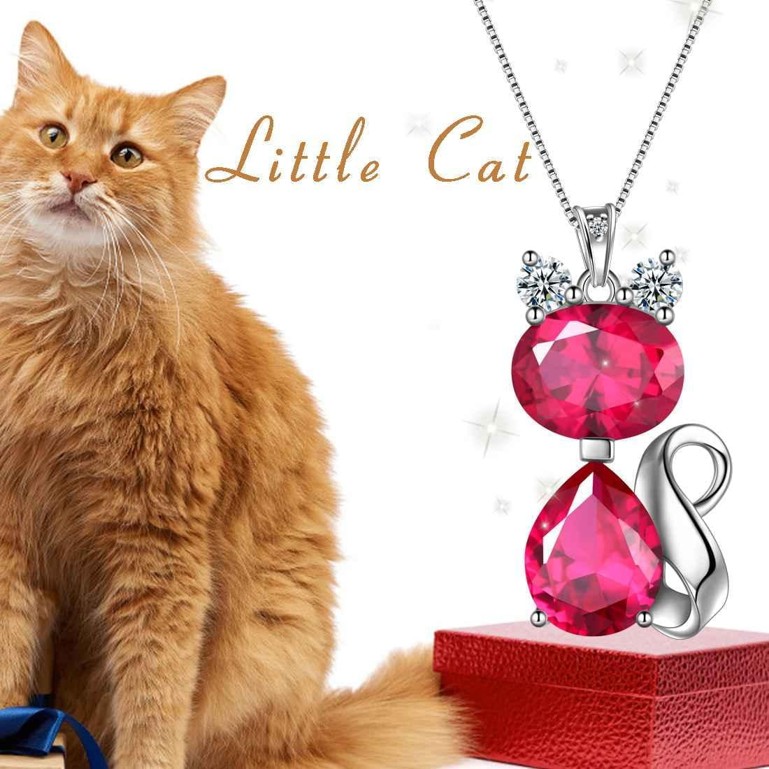 July Birthstone Necklace Cat Pendant Charms Red Ruby Necklaces 925 Sterling Silver Jewelry Women Daughter Wife Mother Christmas Birthday Gift