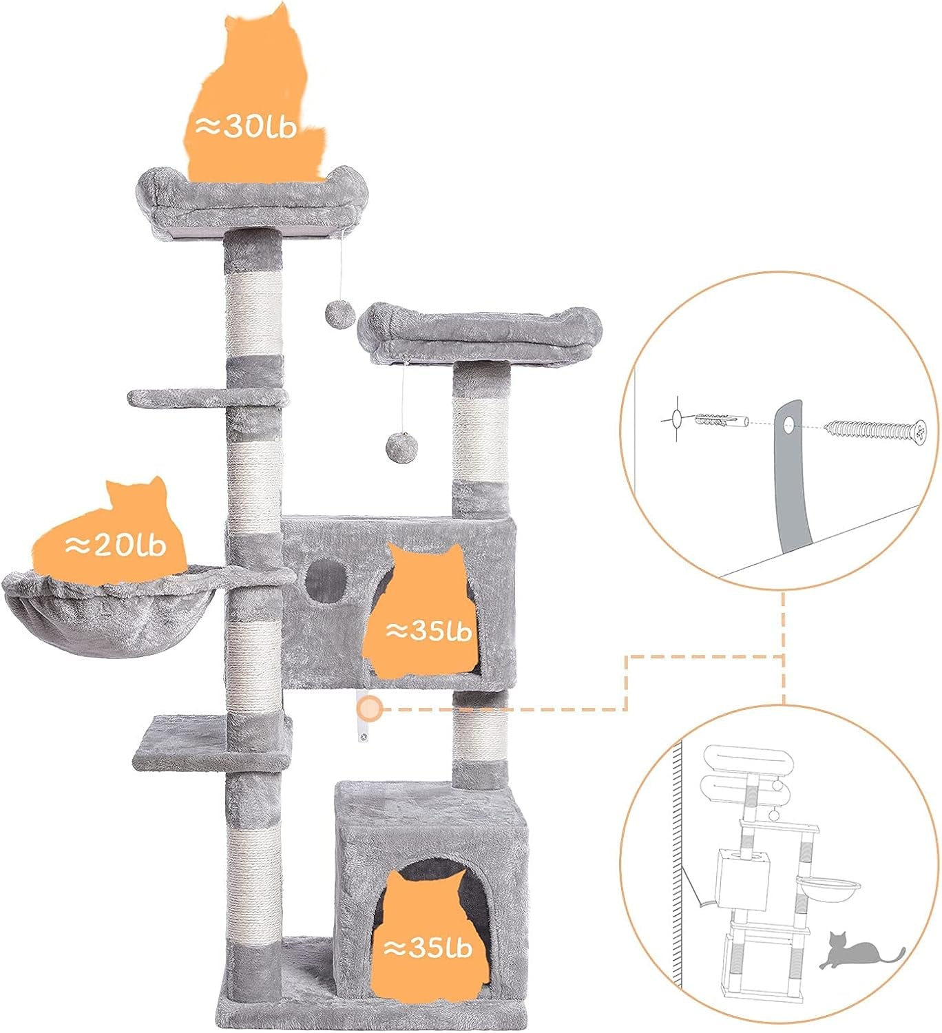Cat Tree, 57 Inch Cat Tower with 2 Plush Condos and Sisal Scratching Post, Cat Furniture for Kitten and Pet, Release the Nature of Cat, Stable House with Anti-Toppling Kit, Light Gray LG05MCT03