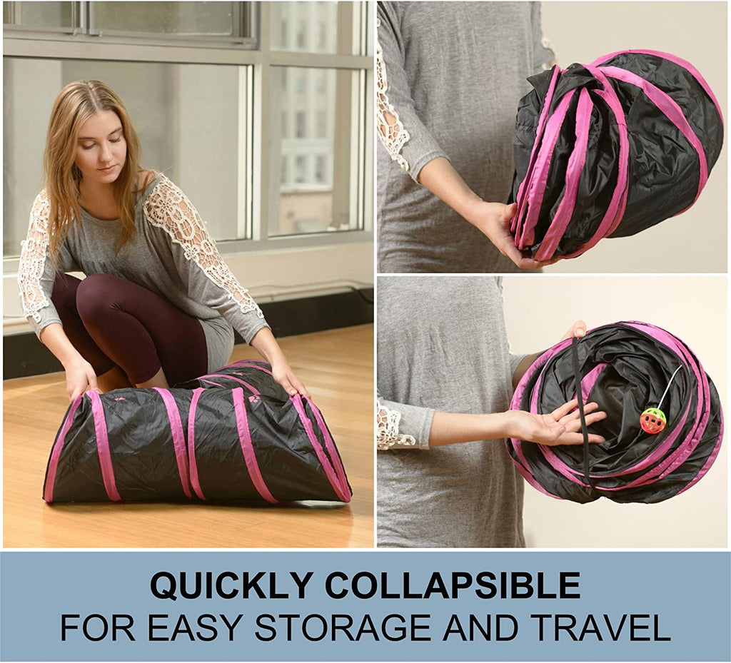 Prosper Pet Cat Tunnel - Collapsible 3 Way Play Toy - Tube Fun for Rabbits, Kittens, and Dogs - Black/Aqua