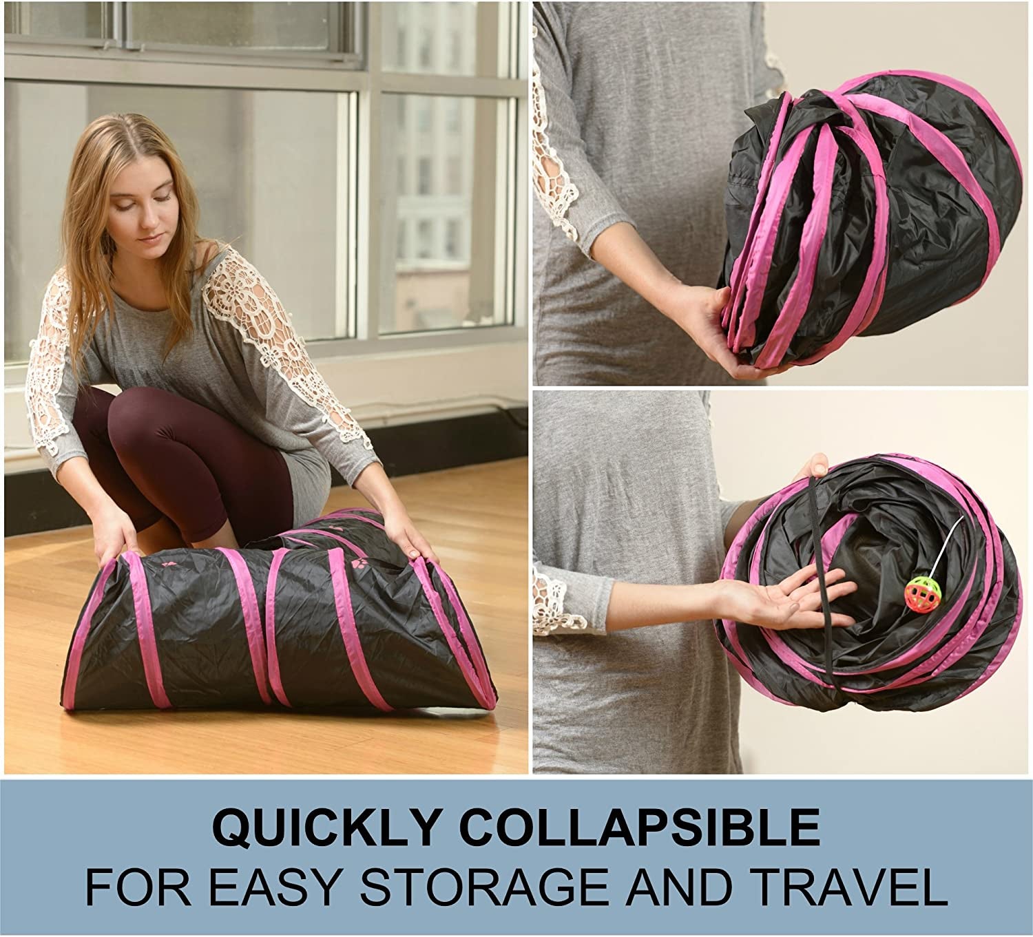 Prosper Pet Cat Tunnel - Collapsible 3 Way Play Toy - Tube Fun for Rabbits, Kittens, and Dogs - Black/Aqua