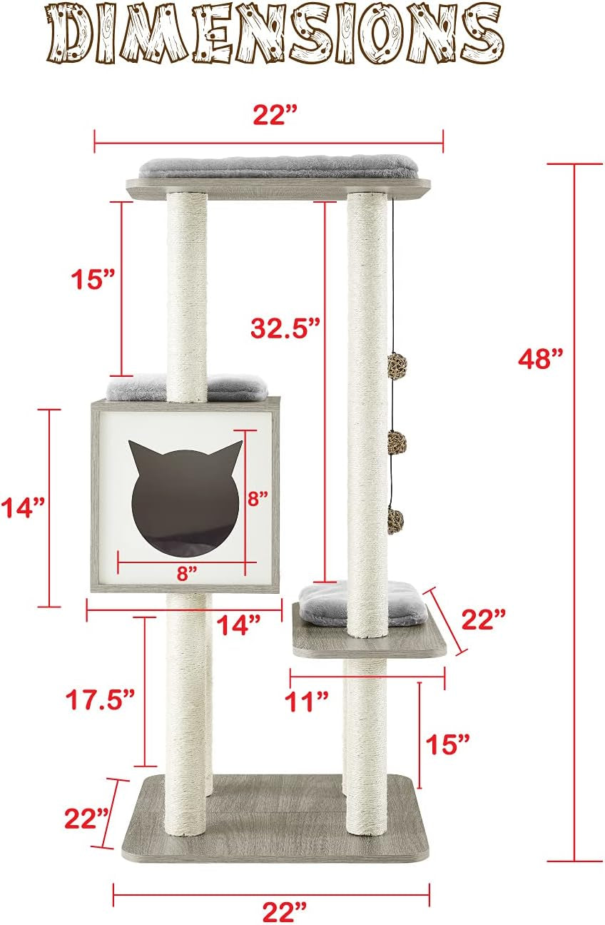 Elegant Wooden Modern Cat Tree Cat Condo Multi-Level Towers Cat Activity Tower with Scratching Posts, with Removable and Washable Mats (Grey High Tower)