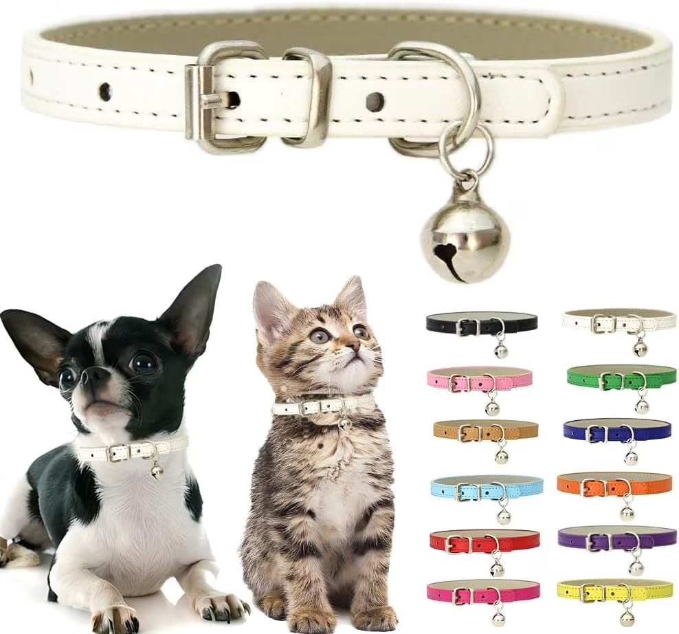 Cat Collar with Bell, Soft Pu Leather Small Dog Collars Adjustable Buckle for Extra Small Medium Tiny Female Male Boys Girls Pets Puppy Kitten Teacup Yorkie