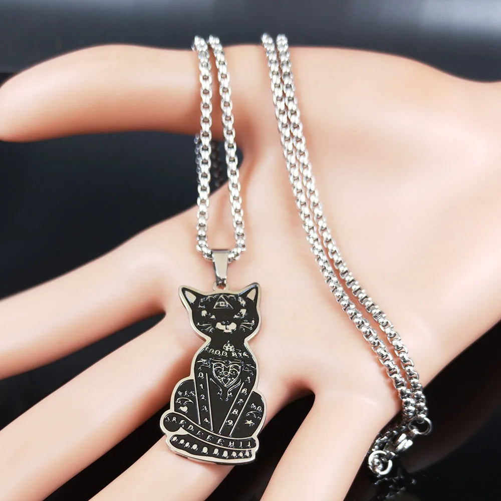 Pagan Wiccan Pentagram Cat Stainless Steel Necklace Men/Women Witchcraft Necklaces Ouija Jewelry Joyas N8110S02