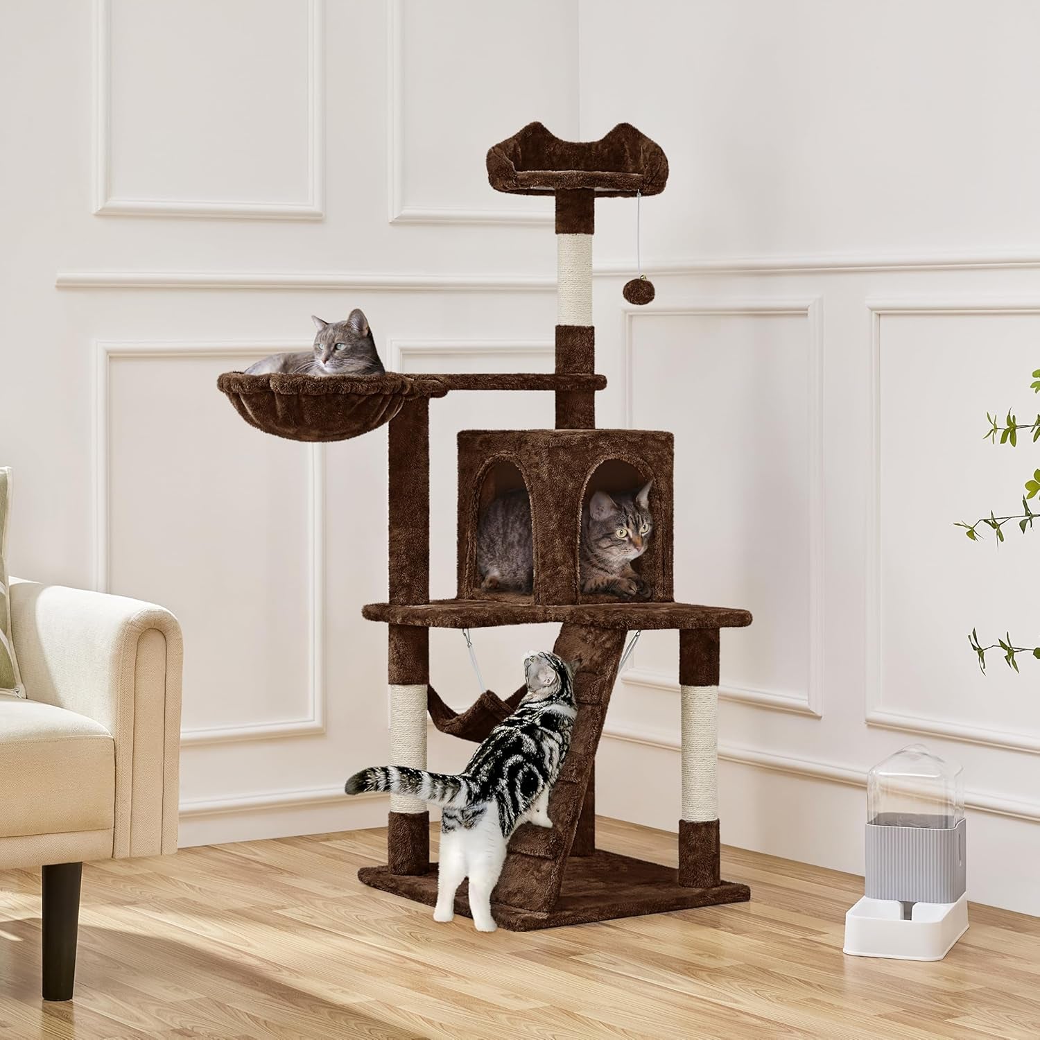 54In Cat Tree, Multi-Level Cat Tower with Scratching Posts, Spacious Condo and Hammock, Ideal Activity Center for Indoor Kittens, Brown