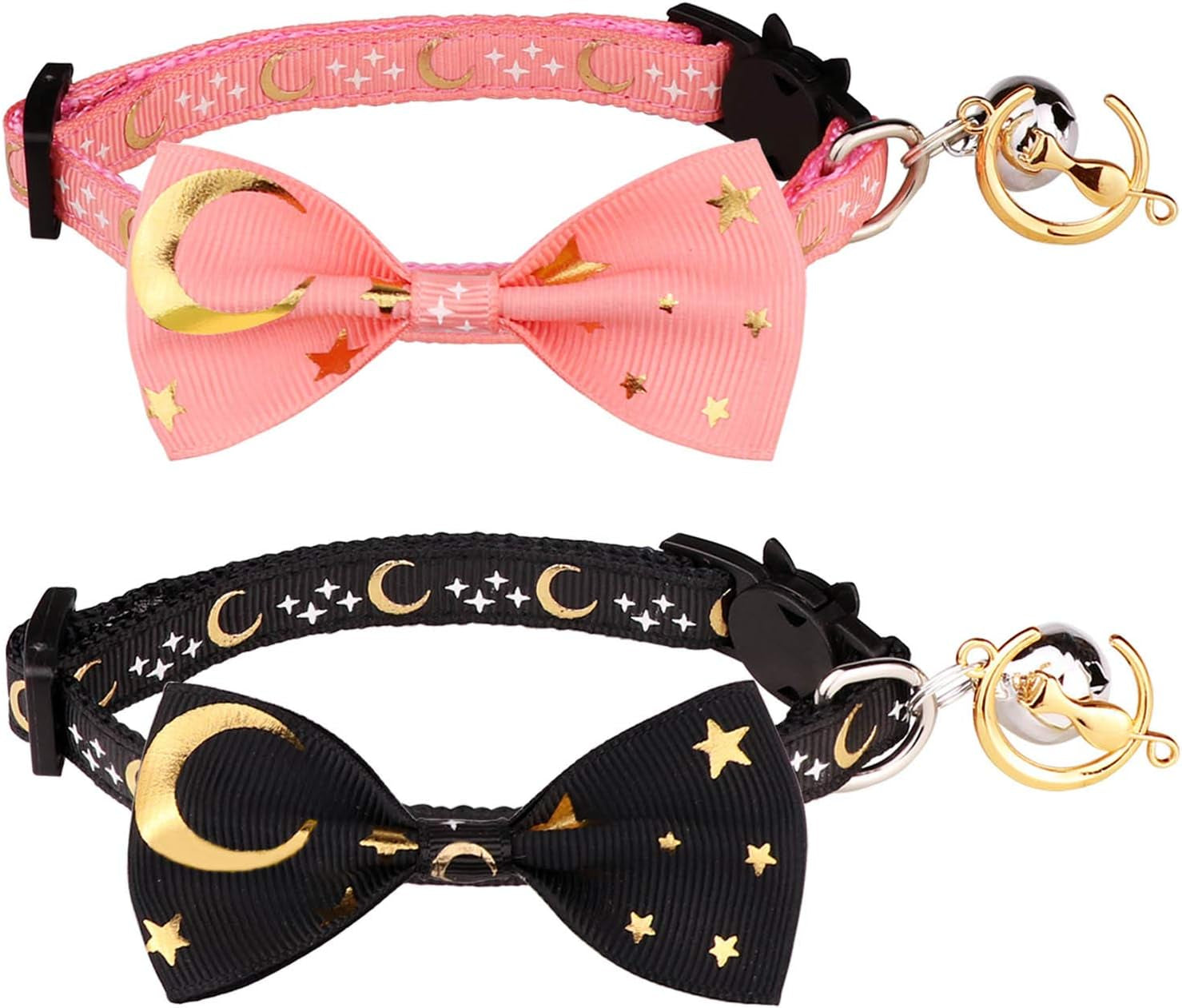 2 PCS Breakaway Cat Collar with Bow Tie and Bell Golden Moon Glowing Star in the Dark for Kitten(Black&Pink)