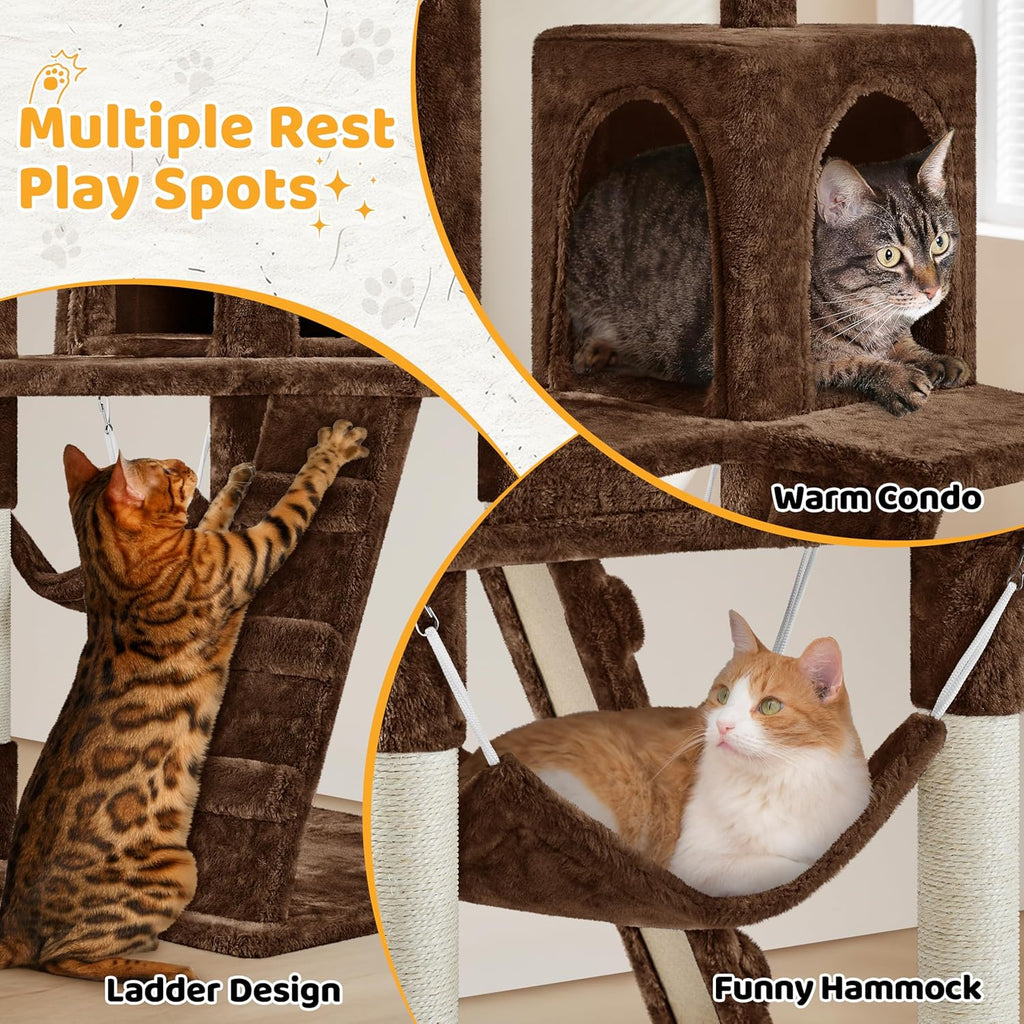 54In Cat Tree, Multi-Level Cat Tower with Scratching Posts, Spacious Condo and Hammock, Ideal Activity Center for Indoor Kittens, Brown