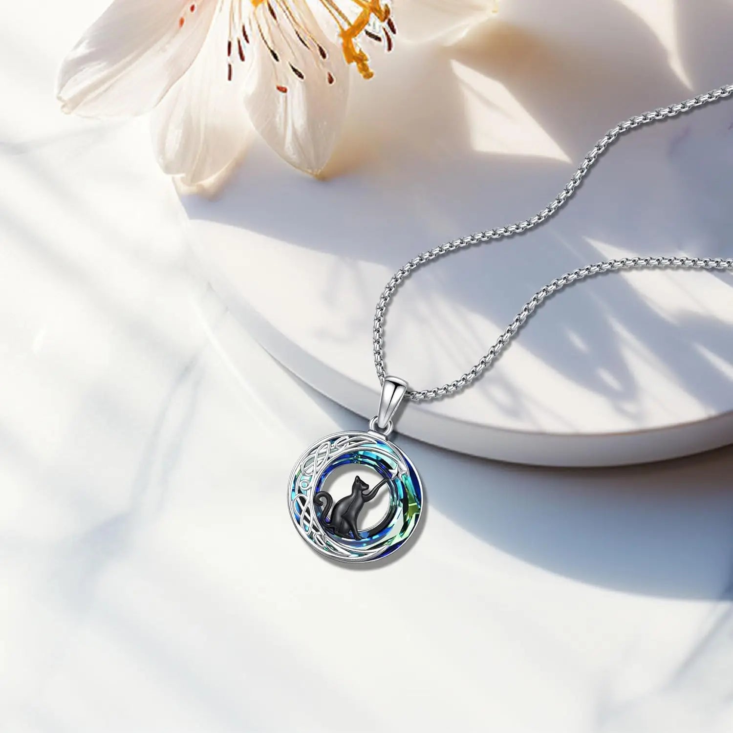 Black Cat Necklace 925 Sterling Silver Crystal Cat Moon Star Pendant Celtic Jewelry Gifts for Women Graduation Birthday Holiday