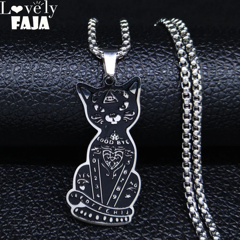 Pagan Wiccan Pentagram Cat Stainless Steel Necklace Men/Women Witchcraft Necklaces Ouija Jewelry Joyas N8110S02